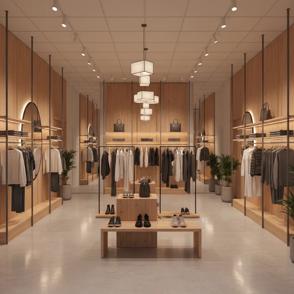 Render 3D realista de una tienda moderna con iluminación comercial