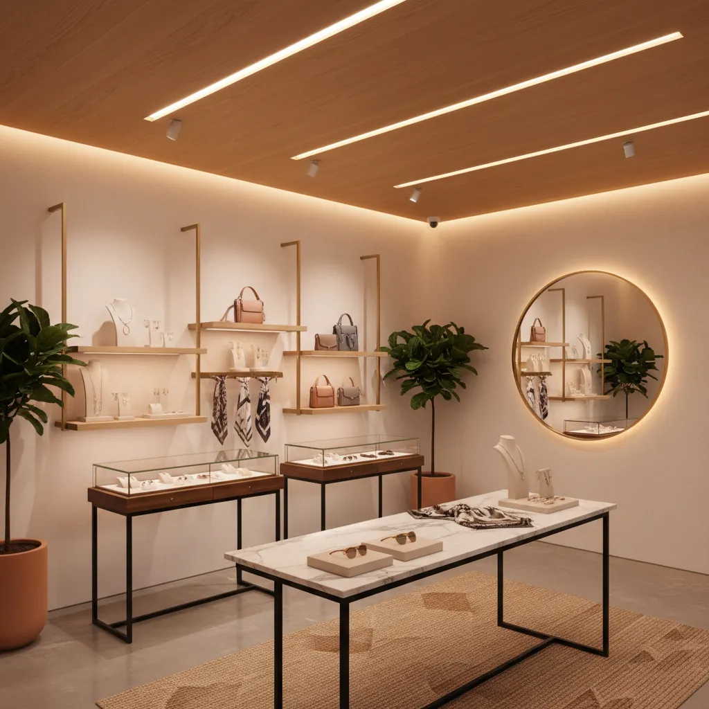 Modern accessory store interior with marble table display shelves round mirror and wooden ceiling lights