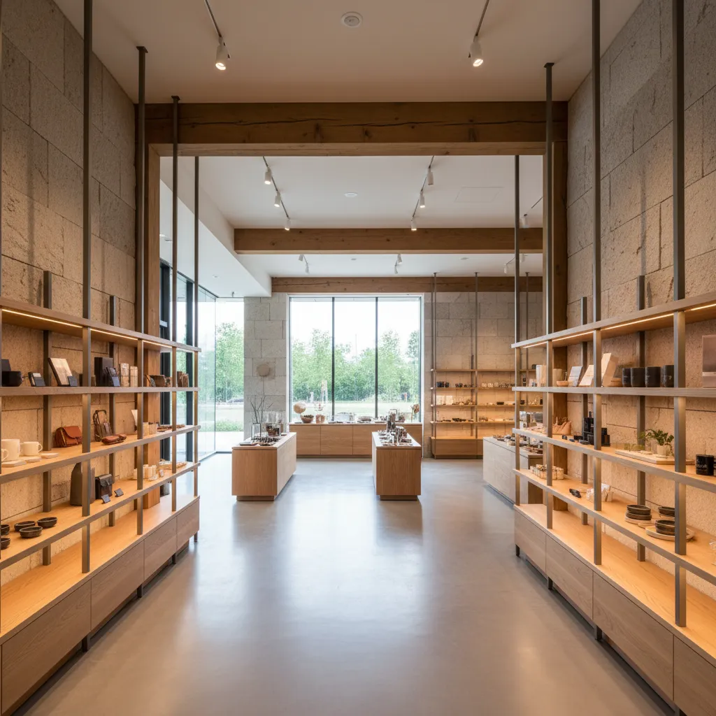 Interior de una tienda moderna con recorrido claro para clientes