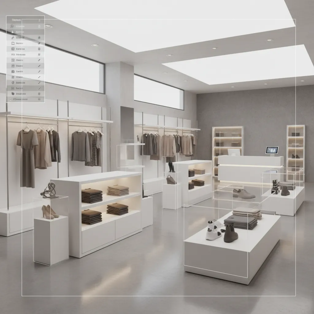 Diseño de mobiliario comercial colocado dentro de una tienda virtual