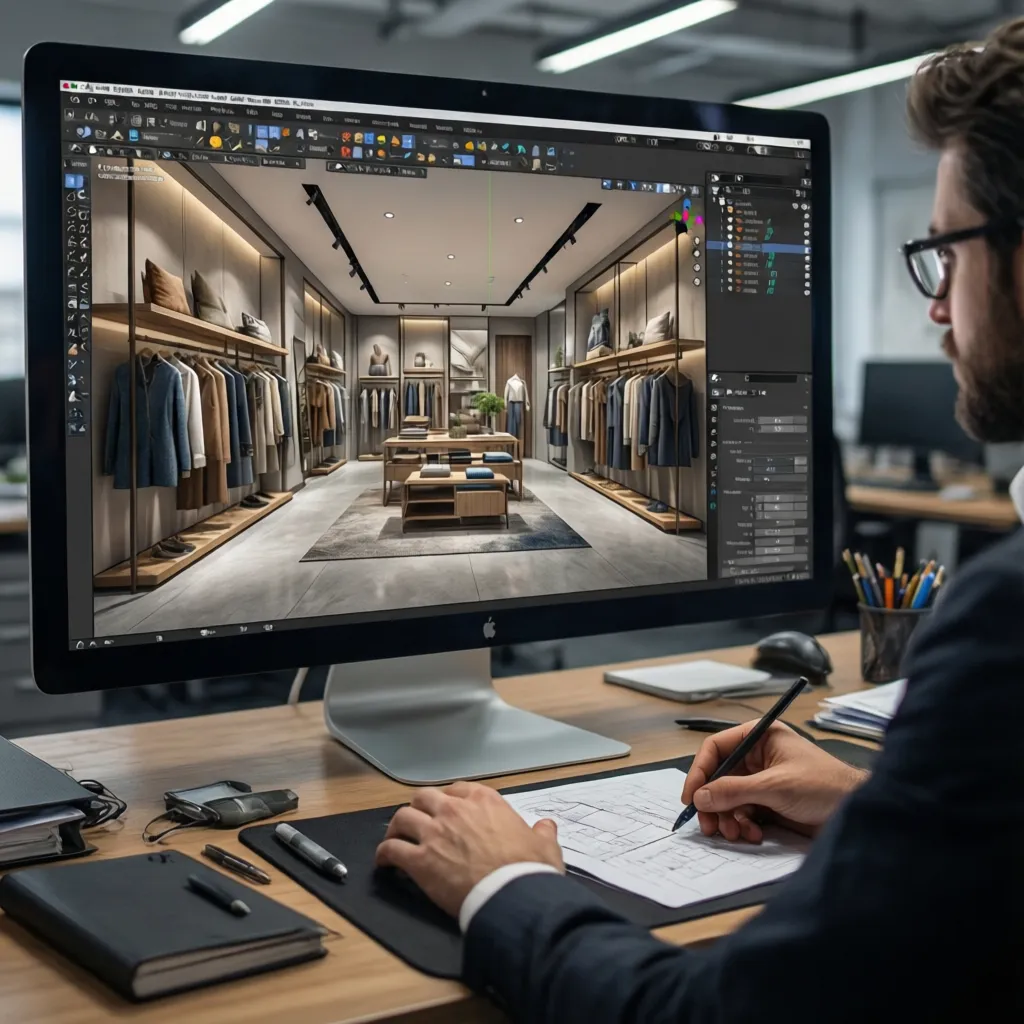 Designer working on a retail store interior design drawing using computer software and hand sketches