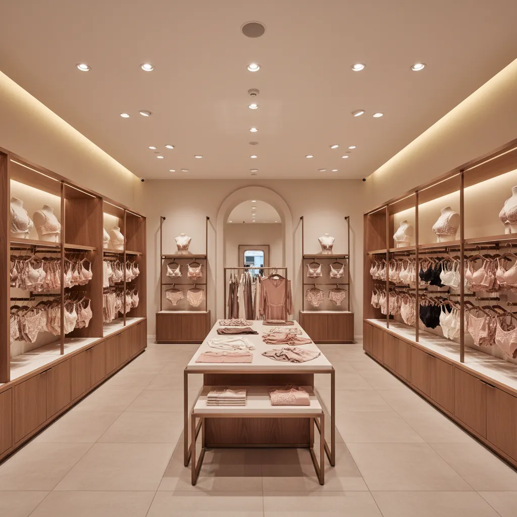 Minimalist lingerie store with wooden cabinets central display table warm ceiling lights and tiled floor