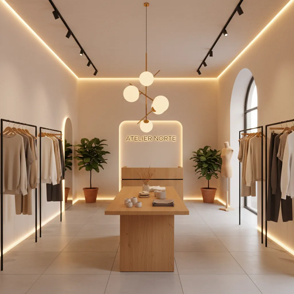 Pequeña tienda de ropa con diseño minimalista y recorrido claro