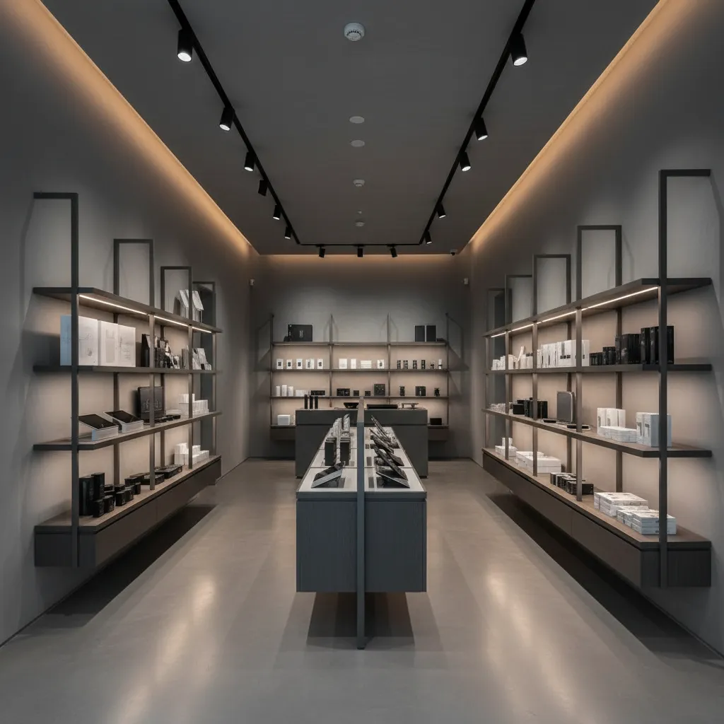Modern retail store interior with gray wall shelves center display tables and black track lights