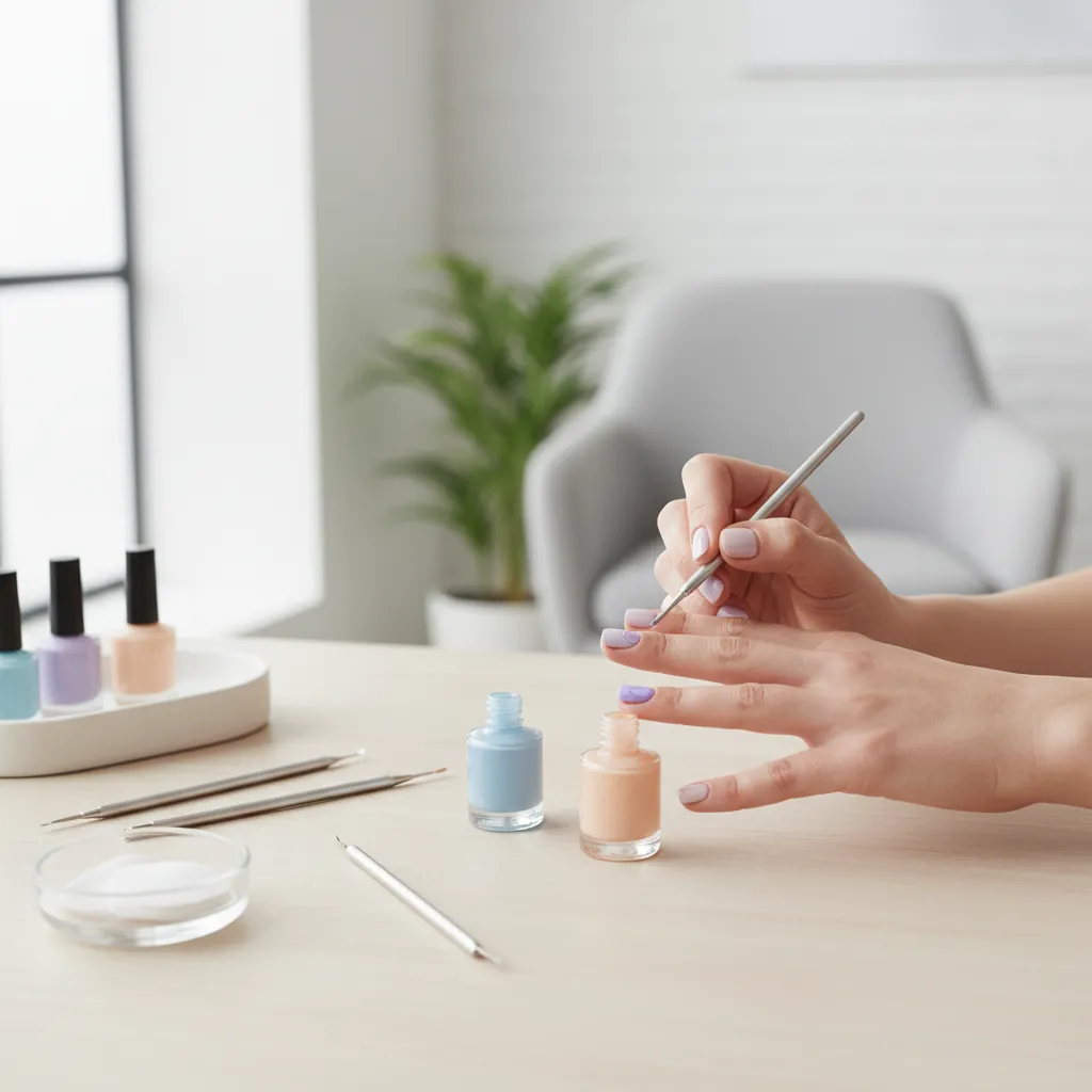 A person applying nail polish at a wooden table with a grey chair and indoor plant