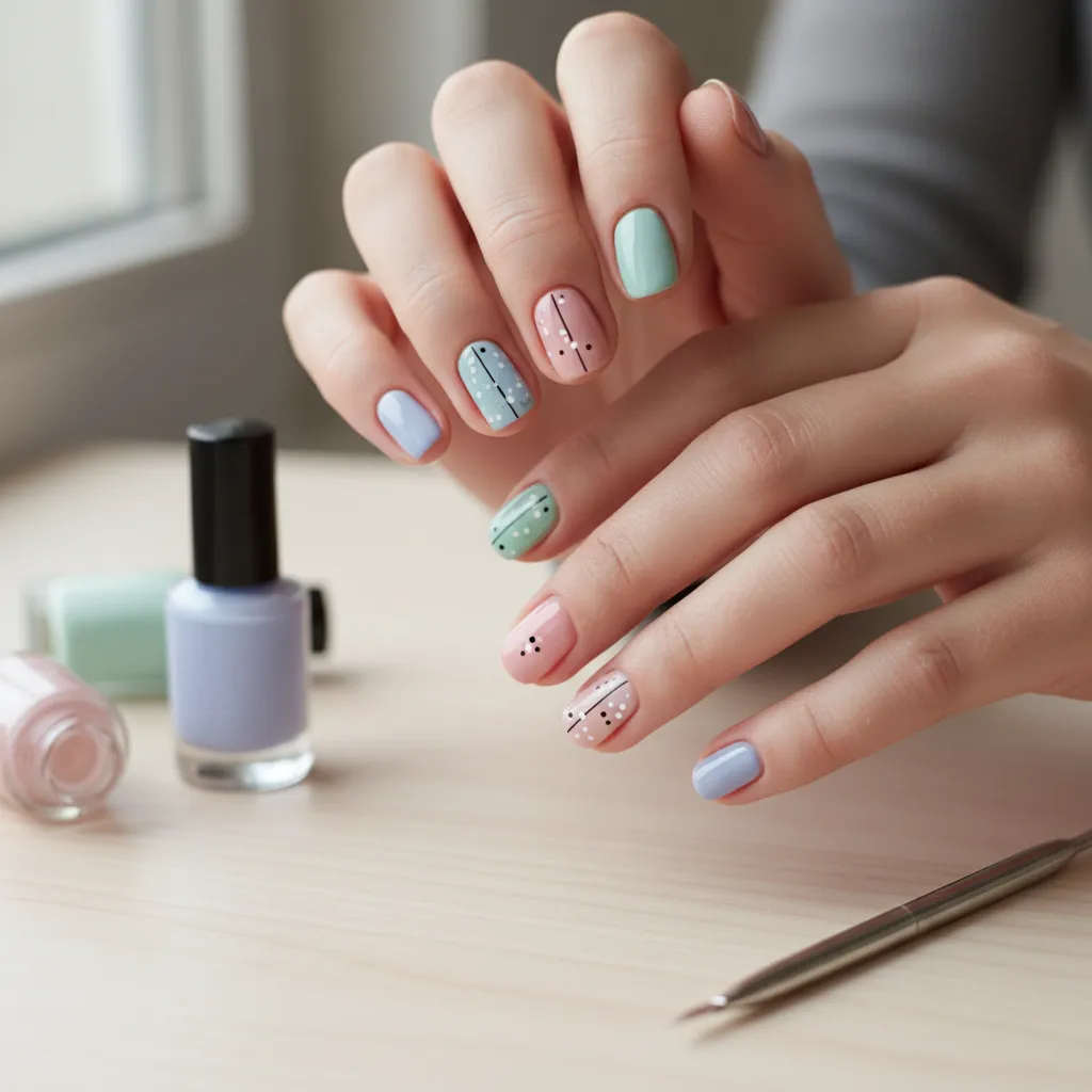 Pastel colored fingernails with dots and lines next to bottles of polish on wooden desk surface