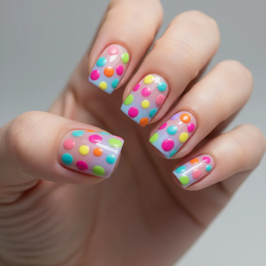 Uñas decoradas con pequeños puntos de colores