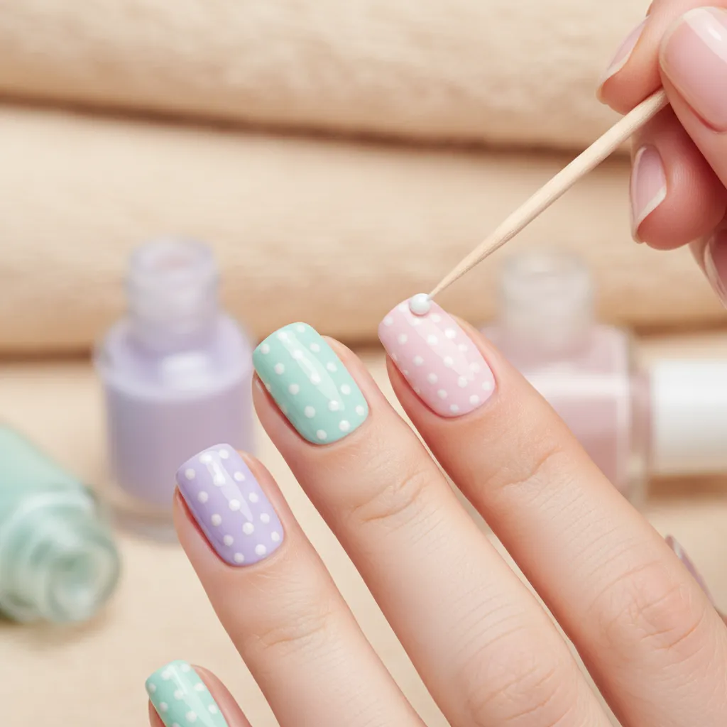 Colorful polka dot nails decorated with a wooden stick and white paint in close up