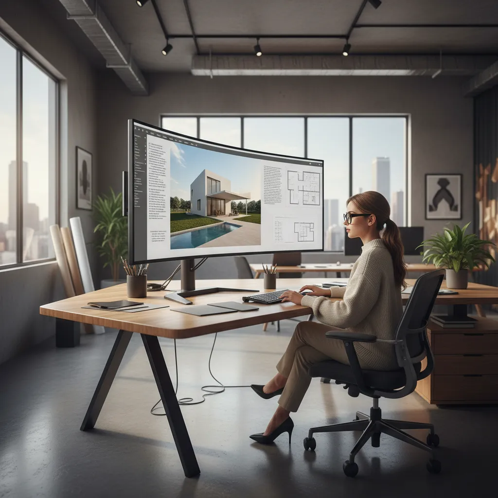 Diseñador creando valla inmobiliaria en computadora