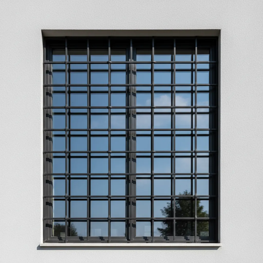 Black metal grid window on white wall reflecting the blue sky and some green trees