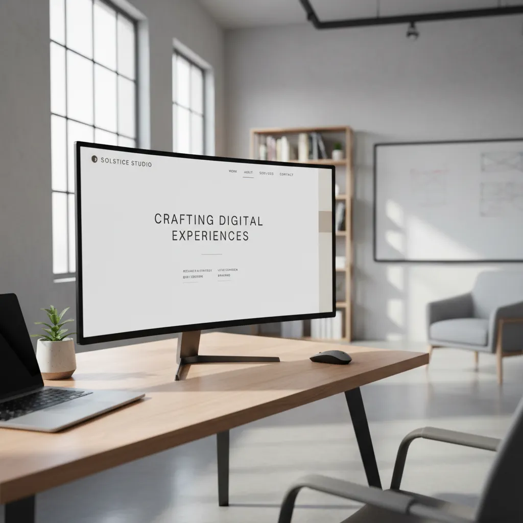 Modern office desk with large computer monitor displaying website design near window and white bookshelf