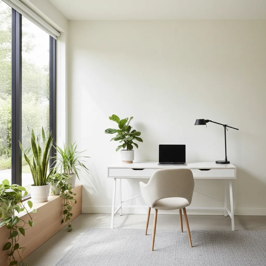 Minimalist white desk with laptop, black desk lamp, gray chair, and many green potted plants