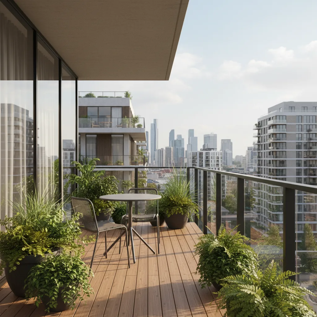 High-rise balcony with wood flooring, grey table, chairs, green plants, and a city skyline view