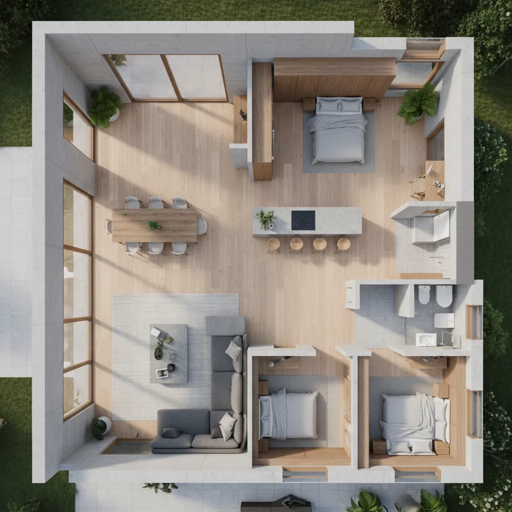 Modern interior design drawing showing a three bedroom apartment with wooden floors and large glass windows