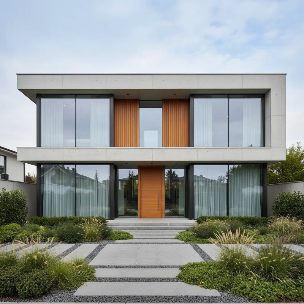 Modern symmetrical two story house with large windows wood door stone path and green front landscaping