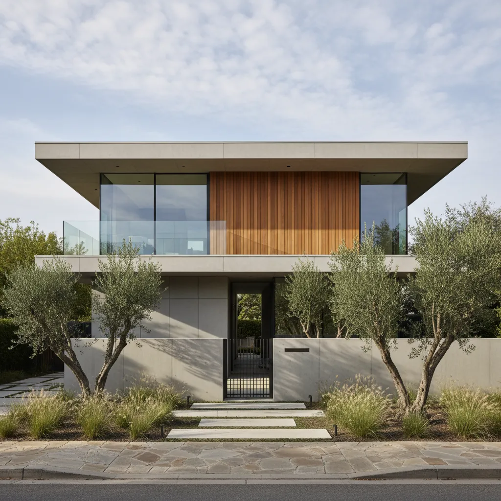Modern two-story house with concrete walls wood panels glass balcony olive trees and blue sky
