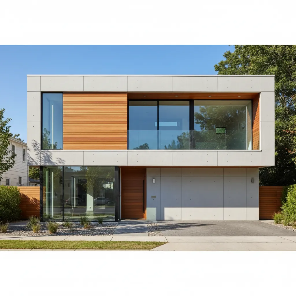 Modern house exterior with white wall panels wood siding large windows and clear blue sky