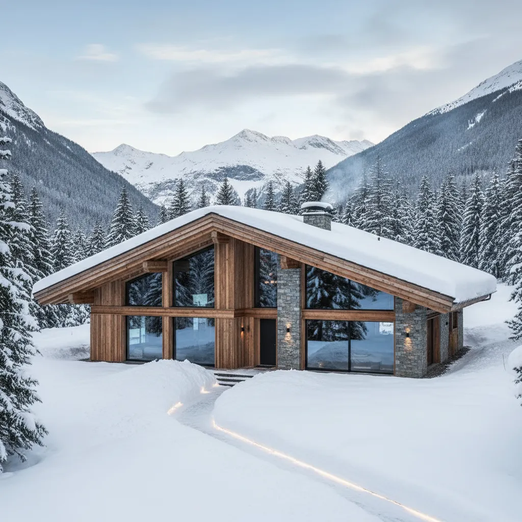 Modern wooden cabin with large windows set in a snowy forest with high mountains behind