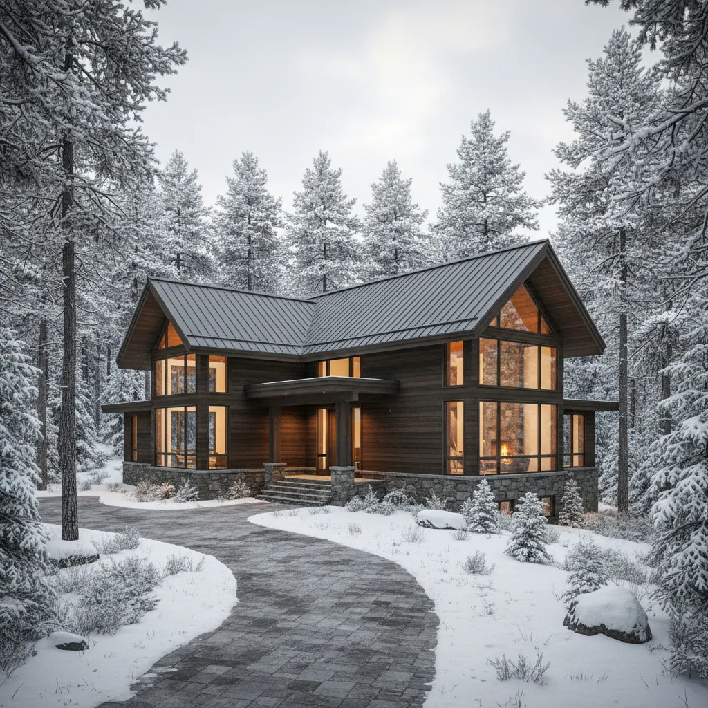 Modern dark wood cabin in snowy forest with large glowing windows and stone ground path entry