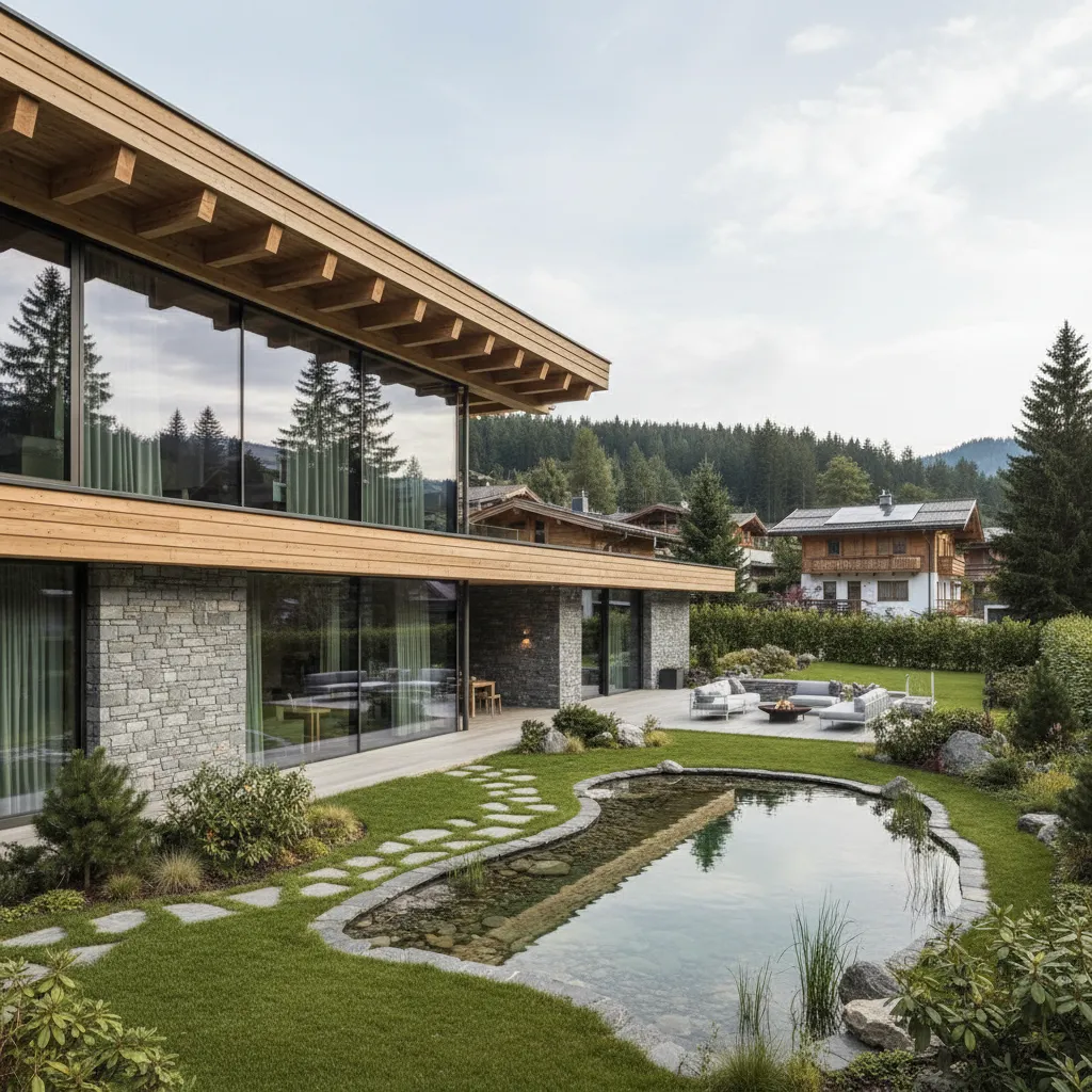 Modern stone house exterior with large glass windows green garden lawn and a small stone pond