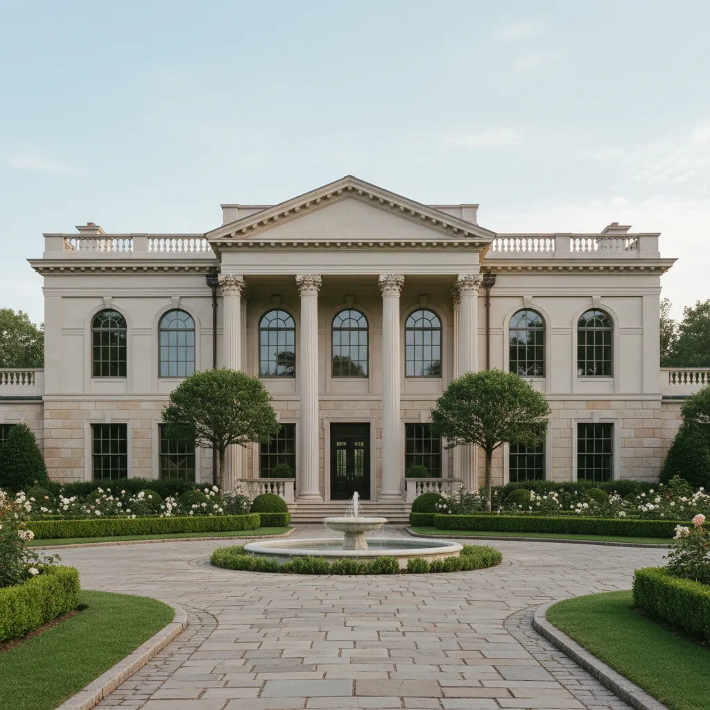 Luxury house exterior with white pillars tall windows stone driveway small fountain and green garden