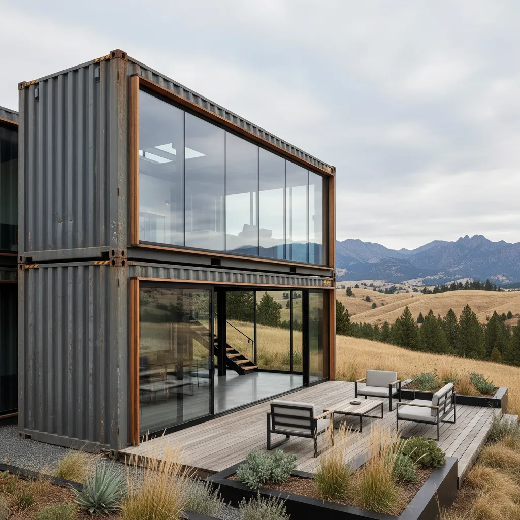 Two story grey container home with wooden deck and outdoor furniture overlooking a scenic mountain
