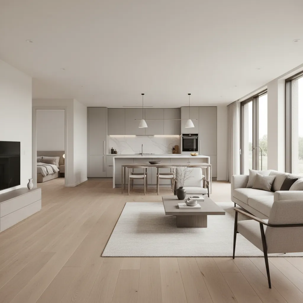 Open plan interior design drawing showing living room sofa kitchen cabinets and light wood flooring