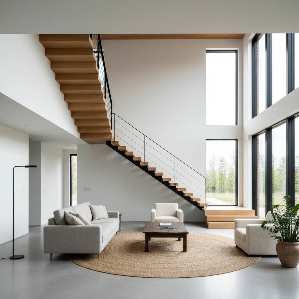 Minimalist living room featuring wooden staircase white walls grey sofa round rug and tall glass windows