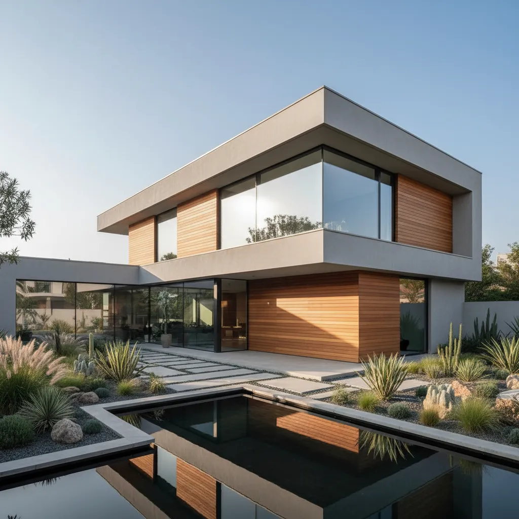 Two story modern house with wood panels large windows swimming pool and desert garden landscaping
