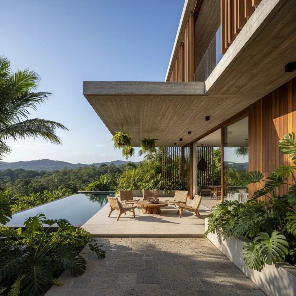 Modern terrace with swimming pool overlooking green forest and mountains under a clear blue sky