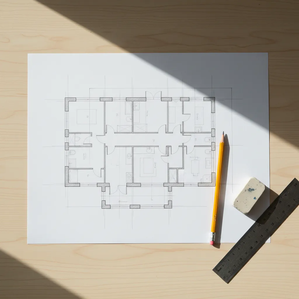 Interior design drawing showing a house layout with furniture, including sofa, beds, and kitchen area