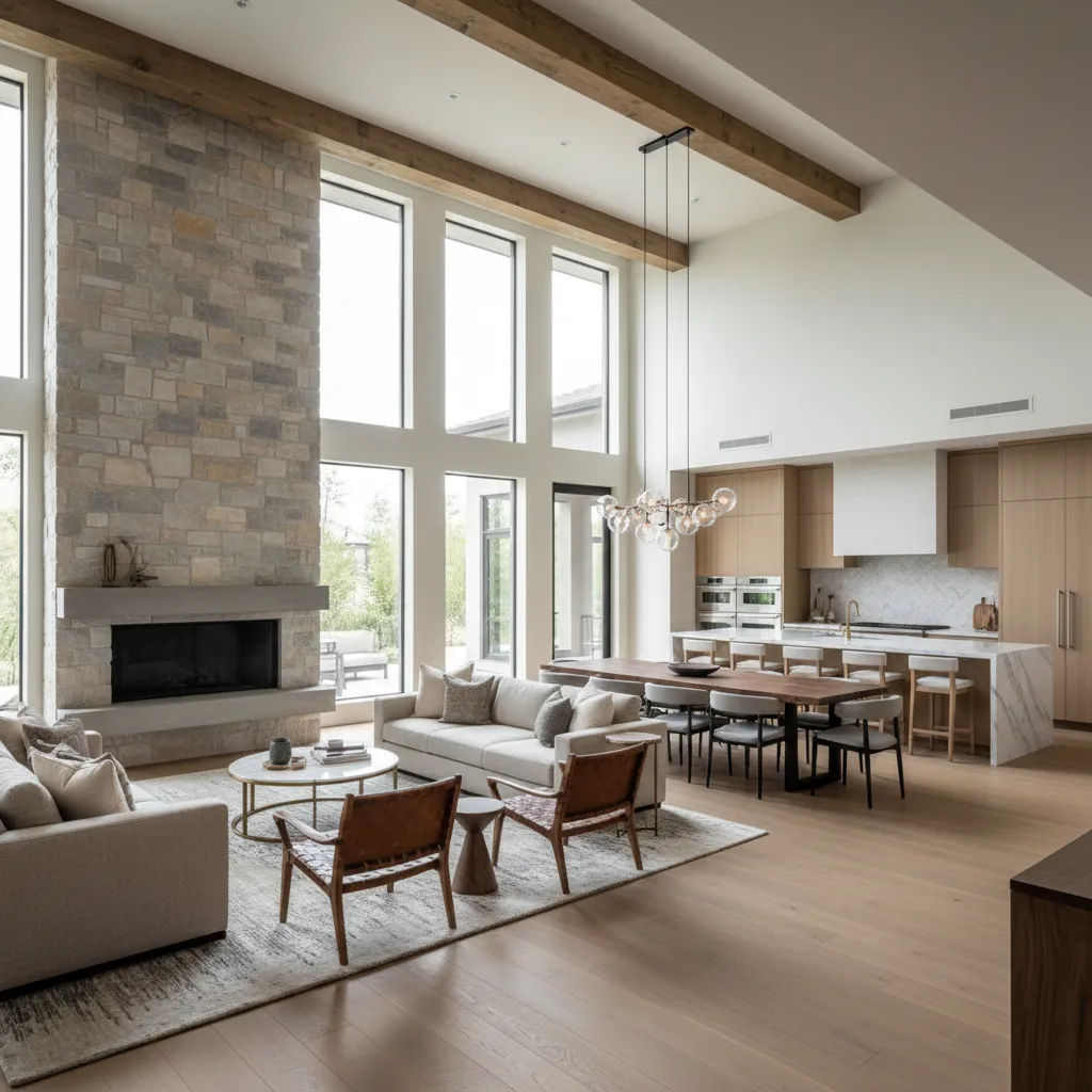 Open plan interior with stone fireplace, wood beams, kitchen island, dining table and ceiling light