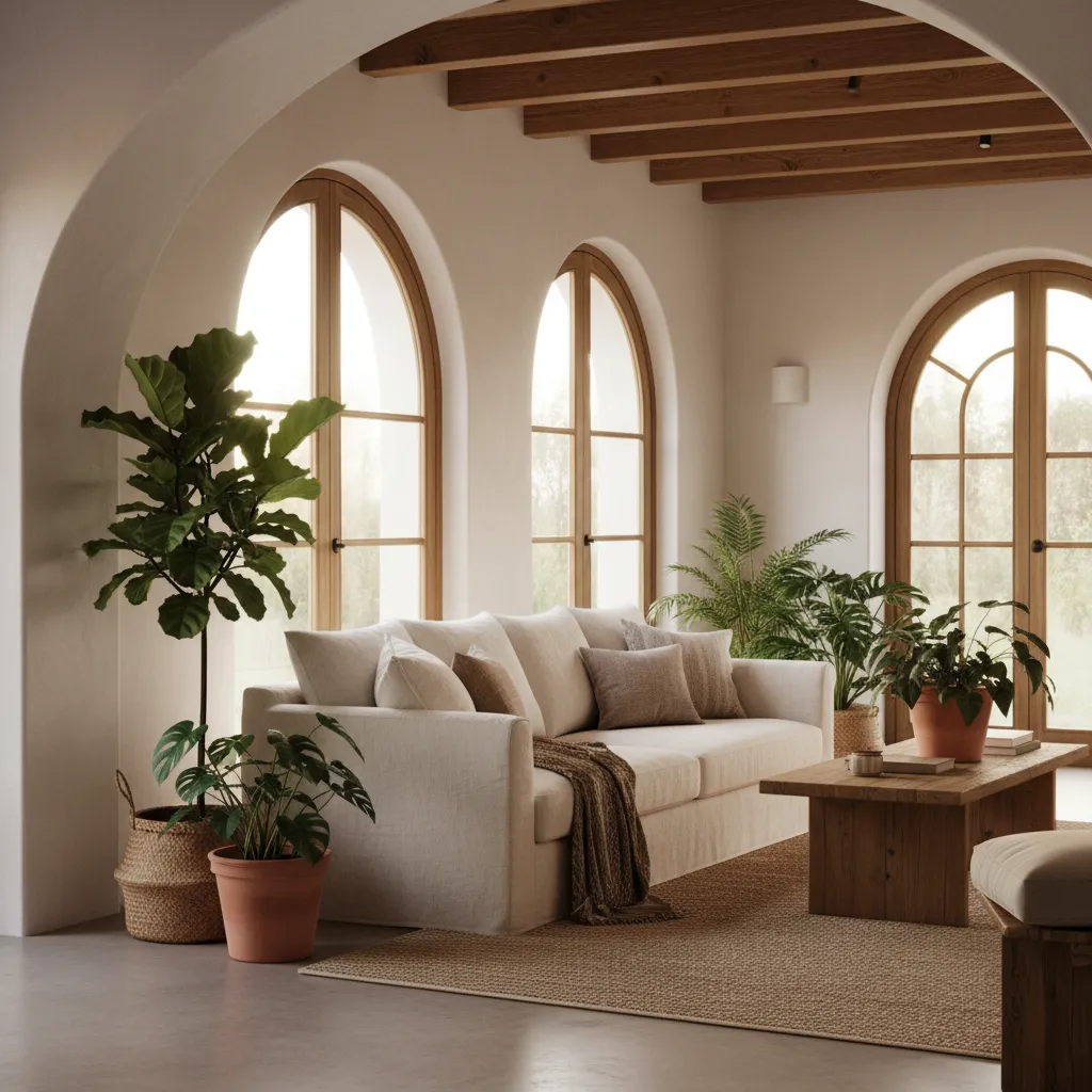 Mediterranean living room with arched windows beige sofa wooden ceiling beams and green indoor plants