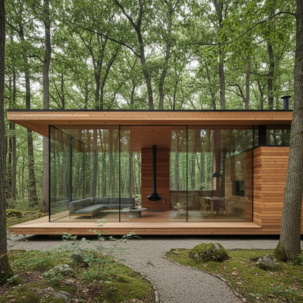 Modern glass and wood house in green forest with large windows showing living room inside