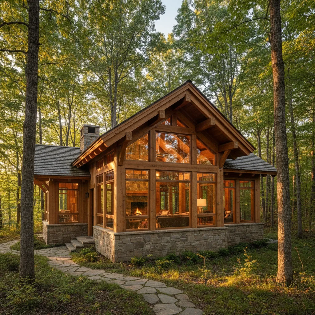 Rustic wooden cabin house in a forest with large glass windows and stone base foundation