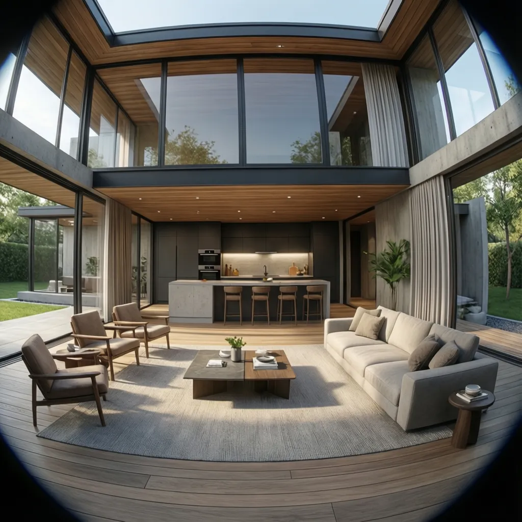 Modern luxury living room with wood ceiling glass walls grey sofa and dark kitchen island