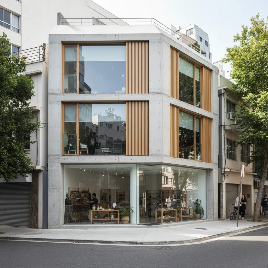 Three-story concrete building on street corner with large glass windows, wood panels, and green trees