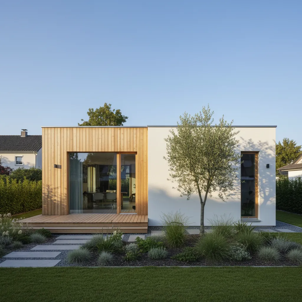 Modern small house exterior with wooden siding, white walls, glass door, deck, and green garden