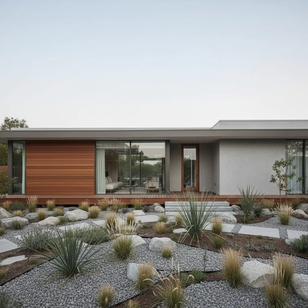 Modern single story house with wood panels large windows grey walls and desert style gravel garden