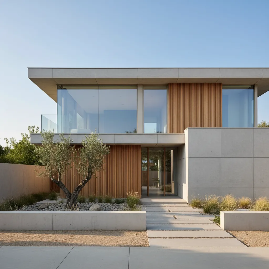 Modern two story house with concrete walls wooden panels large glass windows and olive tree