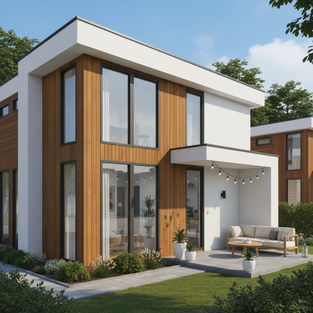 Modern two story house with wood panels white walls large windows patio sofa and green lawn