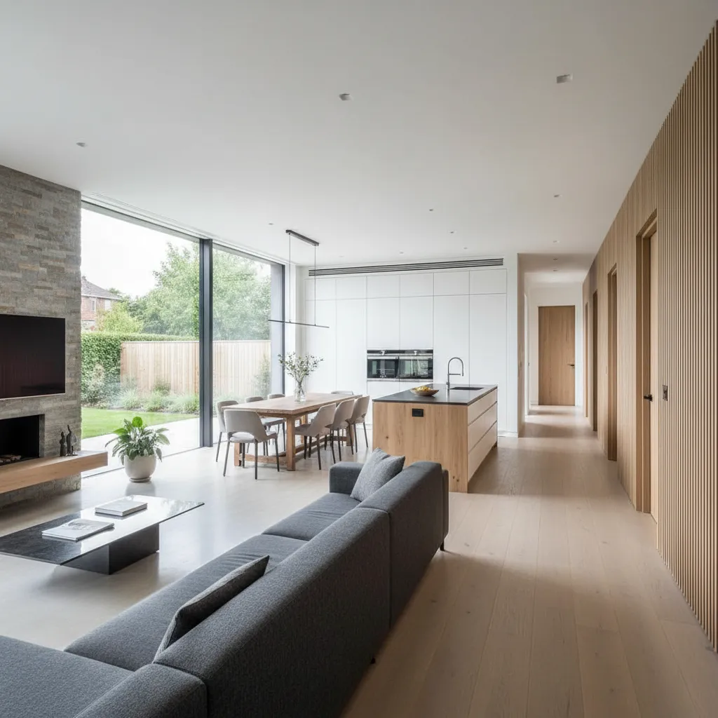 Open living room featuring grey sofa stone fireplace dining table white kitchen and large windows