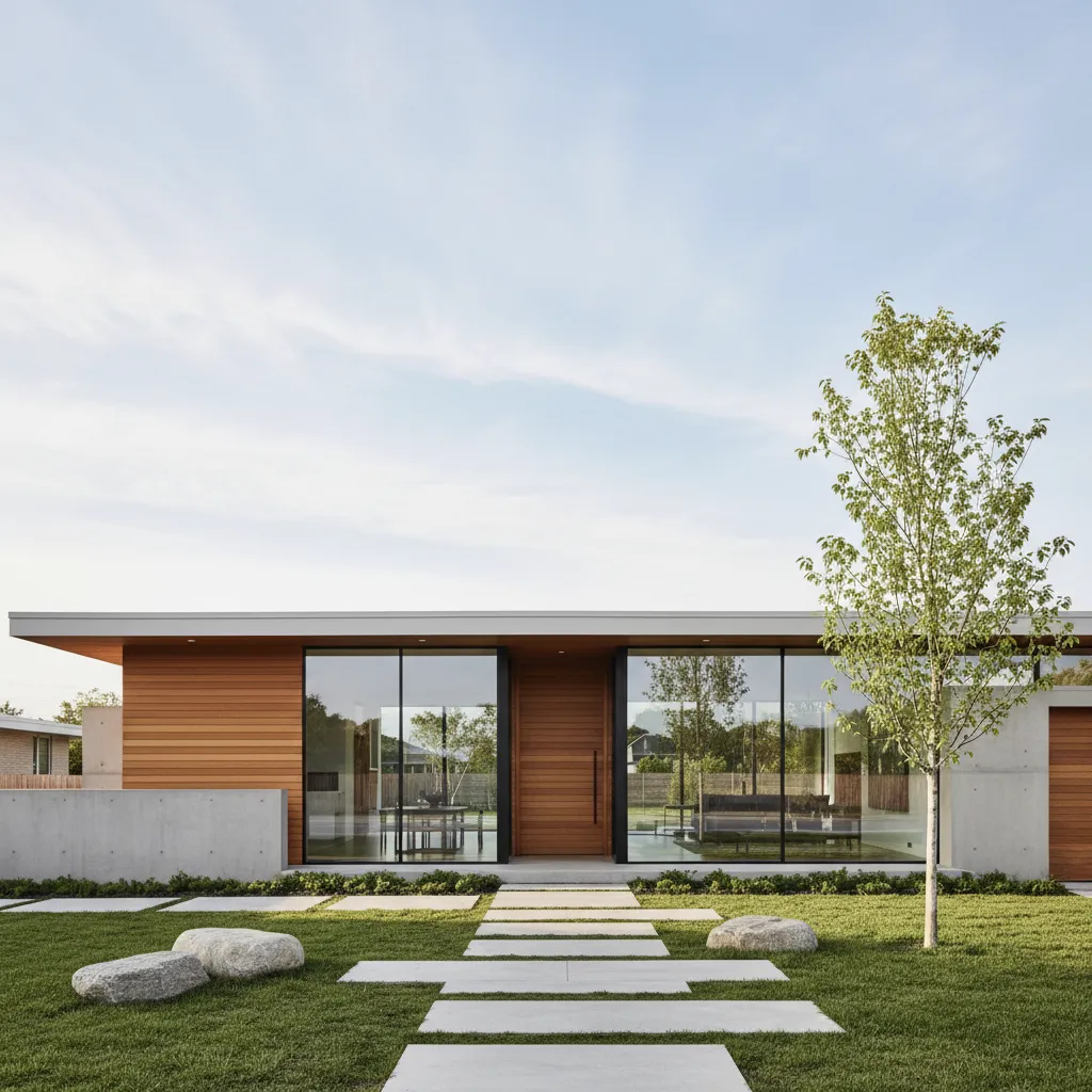 Modern single story house with wood walls large glass windows green grass and stone path