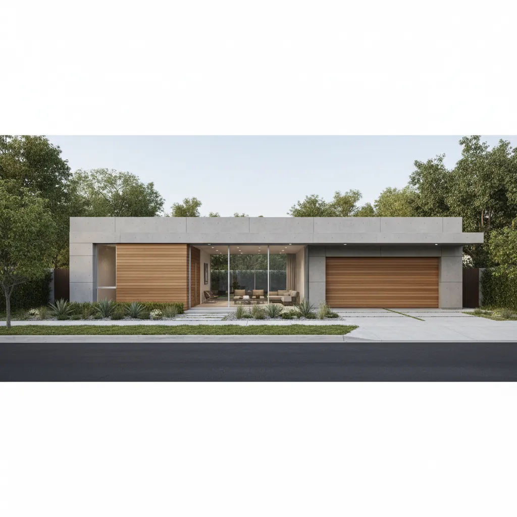 Modern single story house featuring wooden garage door glass windows and green trees along road