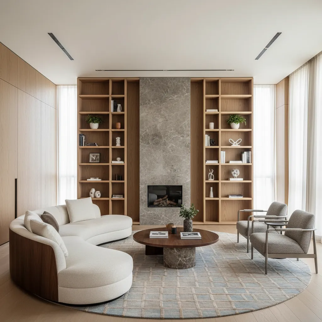 Modern living room with curved white sofa, stone fireplace, wooden bookshelves, grey chairs, and rug