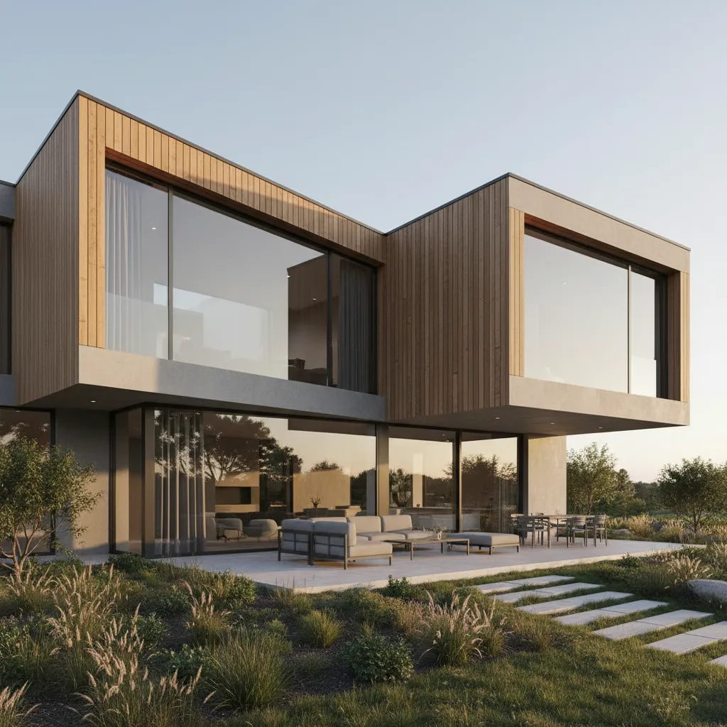 Modern house with wood panels large glass windows outdoor patio furniture and a green garden