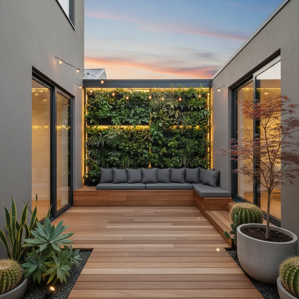 Modern garden patio with wood floor green wall grey sofa lights and a sunset sky