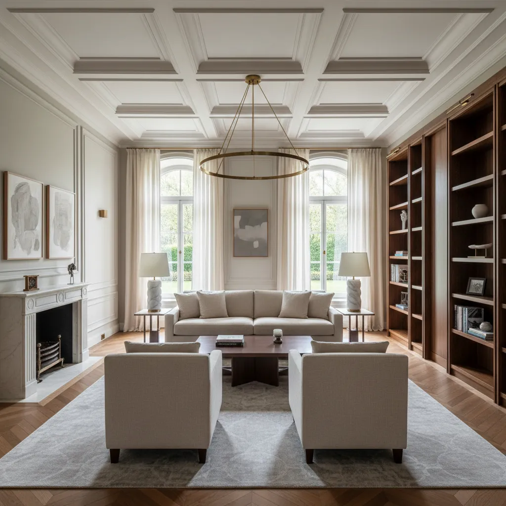 Elegant living room with ceiling light, large wooden bookshelf, fireplace, grey rug, and two chairs