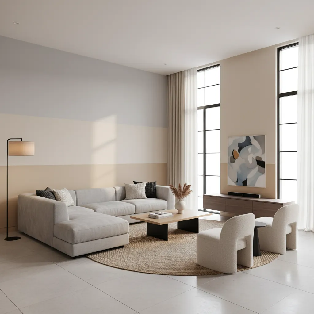 Modern living room with grey sofa, round rug, floor lamp, and wall with striped paint