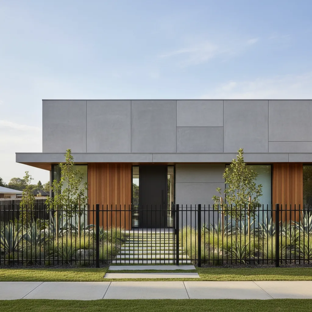 Modern grey house with wood wall panels behind black metal fence and green trees outside